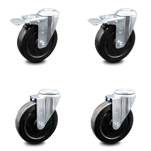 5 Inch Hard Rubber Wheel Swivel Bolt Hole Caster Set with 2 Total Lock Brake SCC